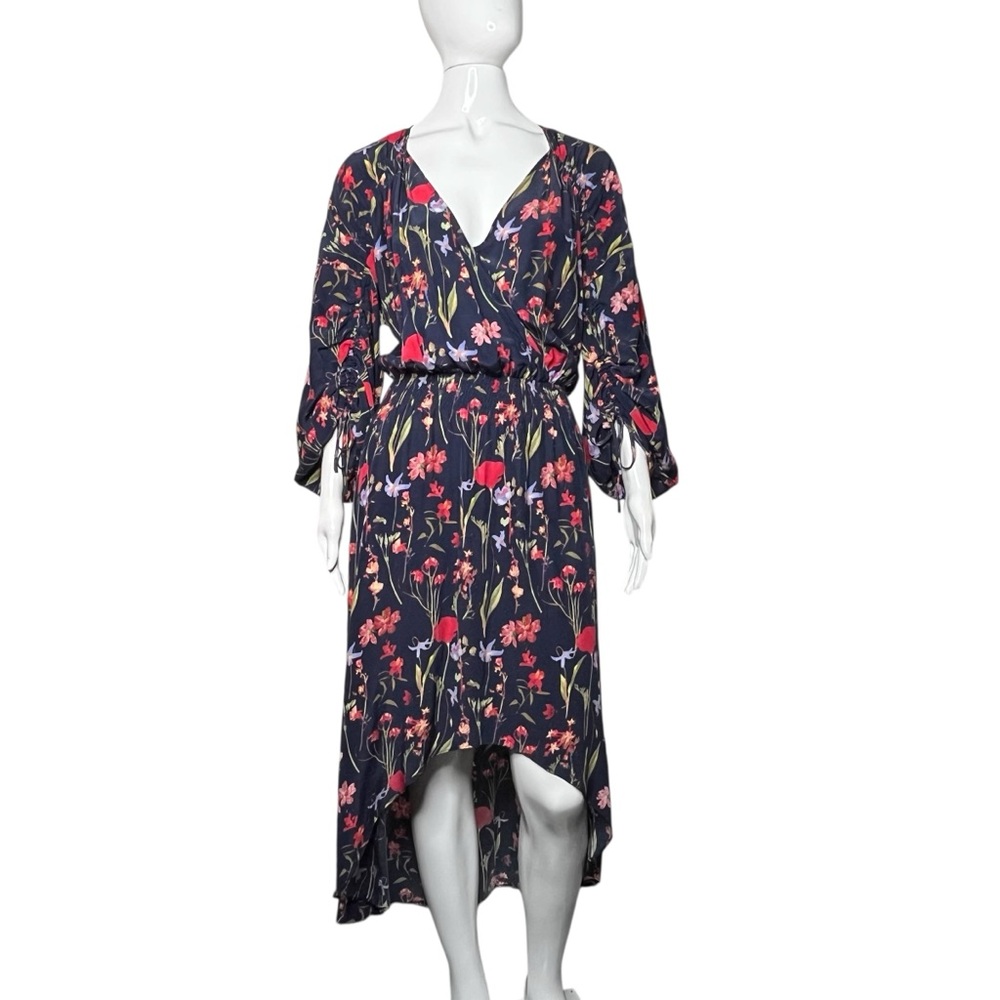 Parker Silk Navy Floral Cinched Waist Ruched Sleeve V-Neck High-Low Maxi Dress M